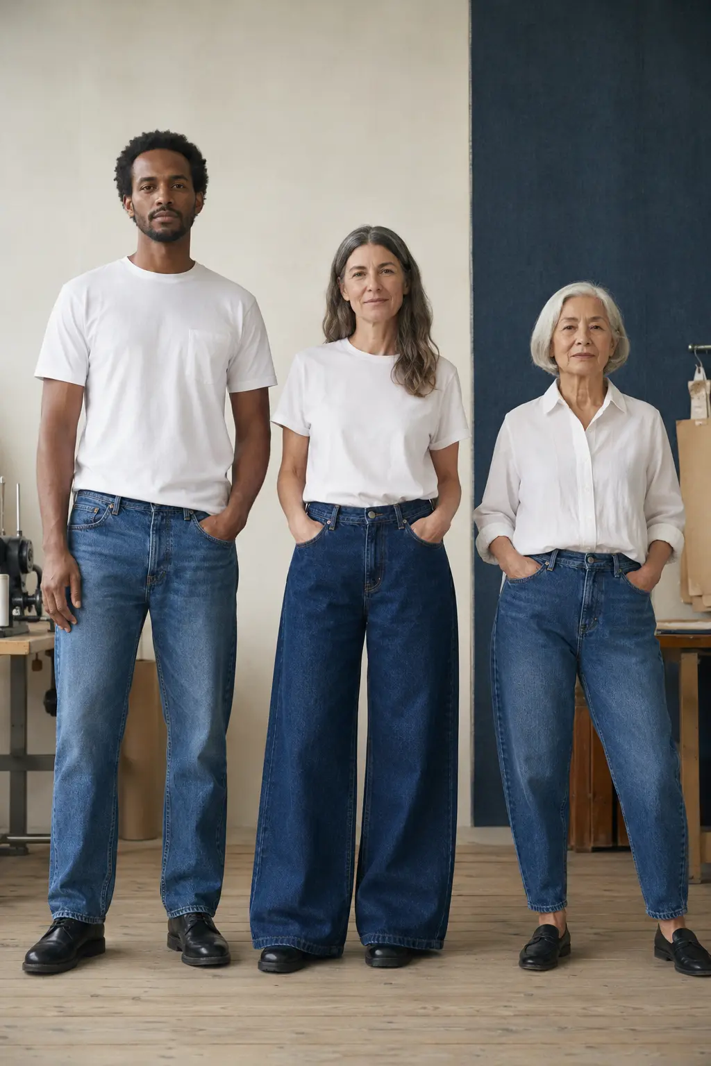 Fotorealistisk illustration av tre vuxna personer i olika jeansmodeller, stående i neutrala poser.
